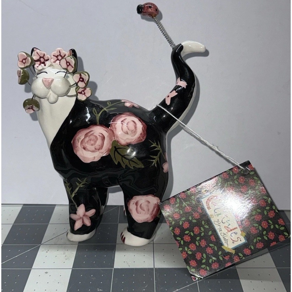 Vintage 2003 Annaco Creations Amy Lacombe Black & Pink Roses Kitty w/Ladybug EUC